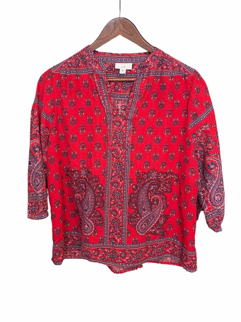 J Jill red blue paisley print shirt top small petite cotton boho bohemian casual